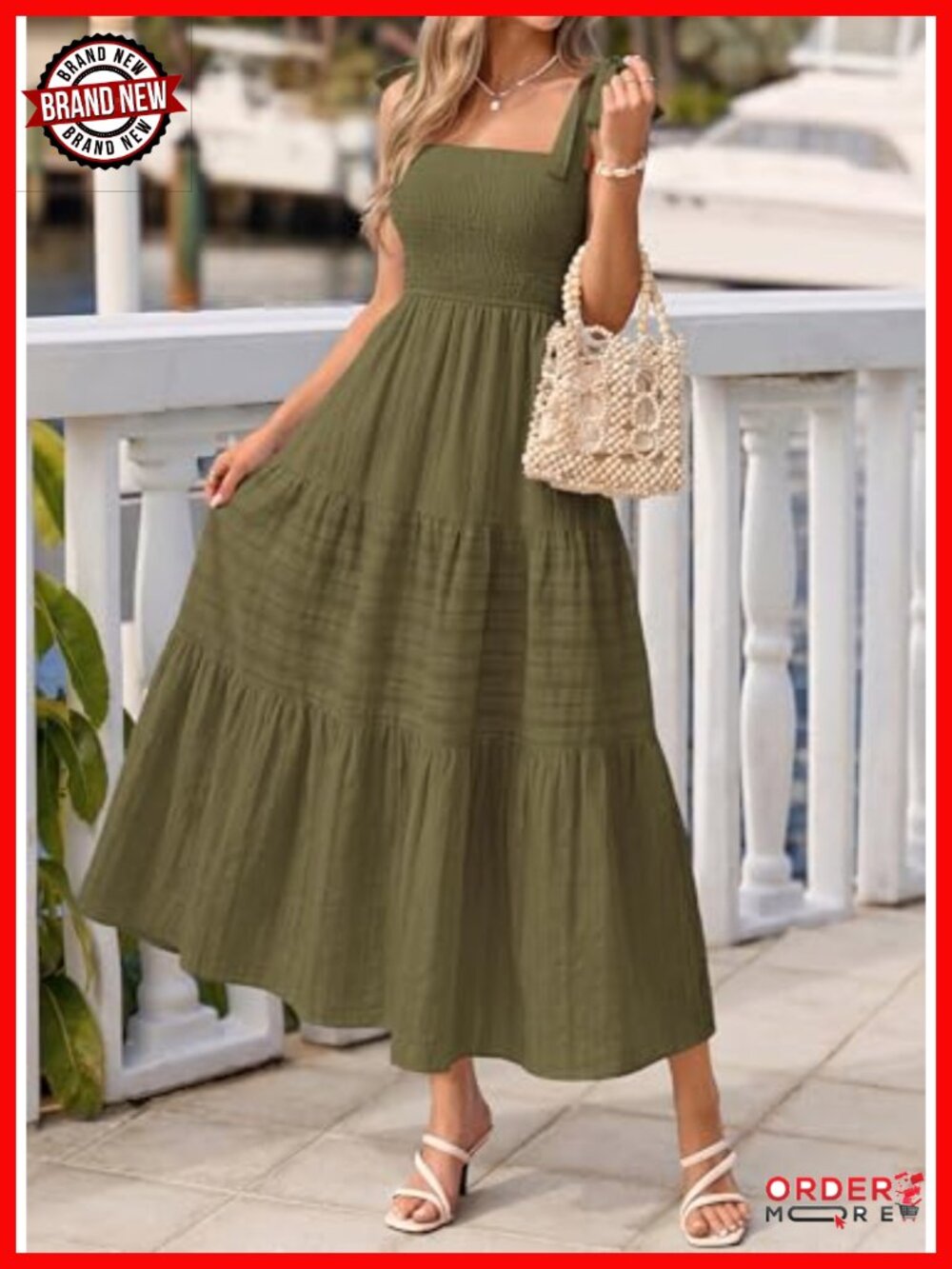 Smocked Boho Spaghetti Strap Maxi Dress - Sleeveless A Line Beach Sundress - Picture 5 of 6